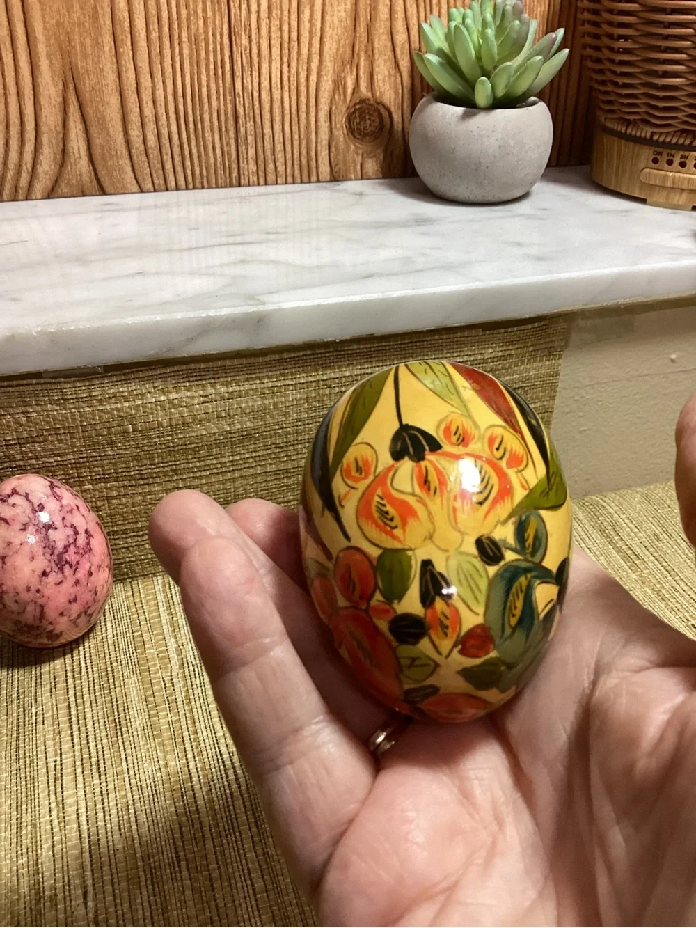 Decorative Assorted Floral Wood and Stone Egg Set - Pink, Green, Gray, Brown
